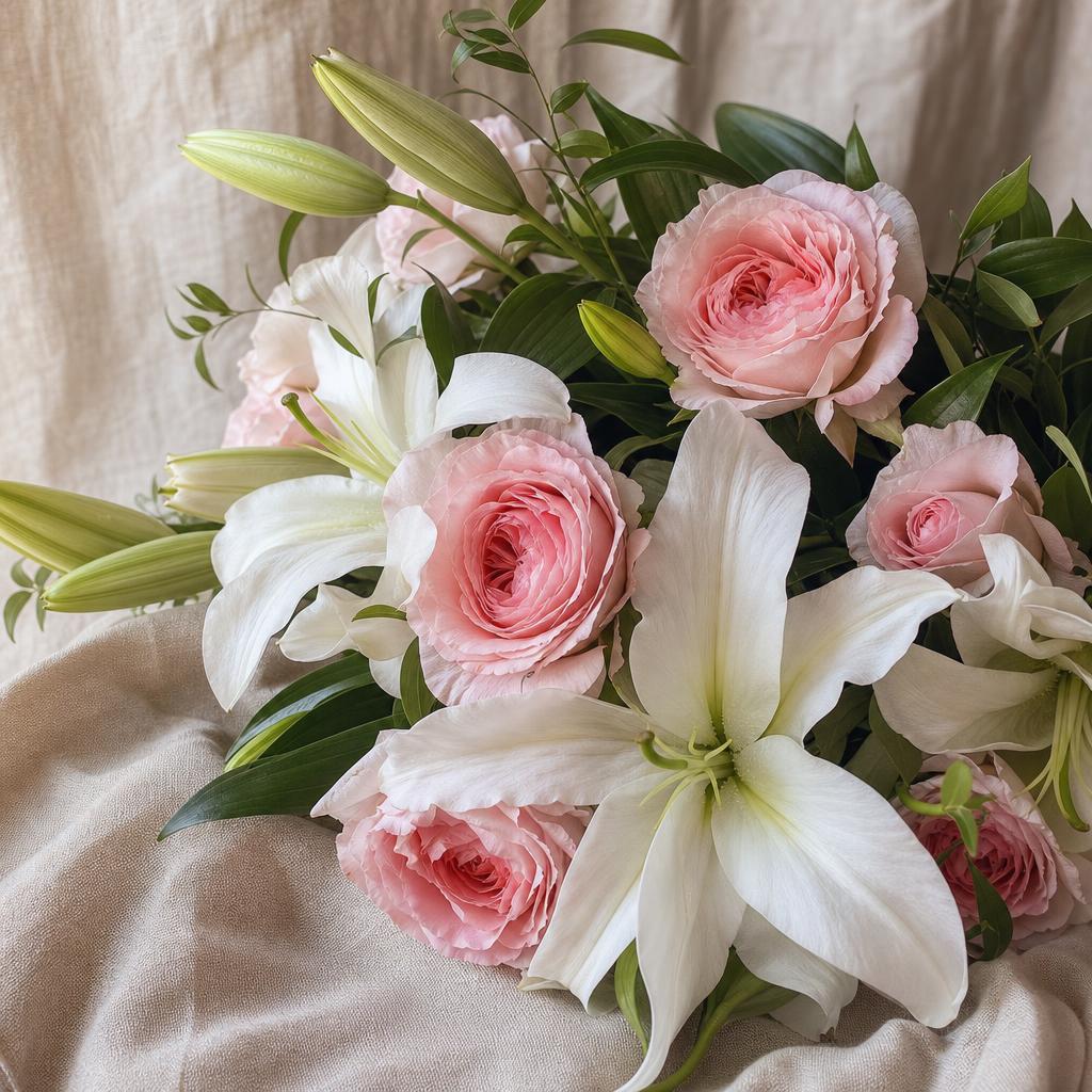 White lilies and pink garden roses